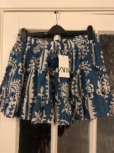 ladies dress mini skirt ZARA blue&white 100% cotton elas pull ties size LRG BNWT - Picture 1 of 4