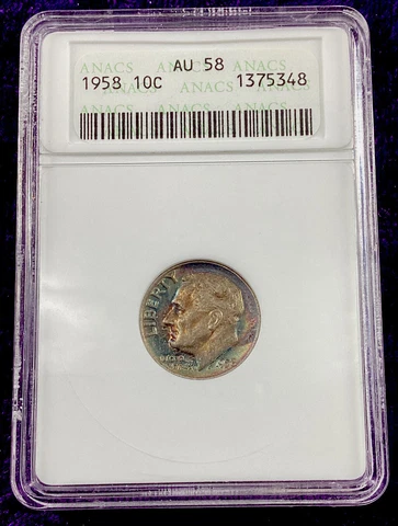 1958 10c ROOSEVELT DIME ANACS CERTIFIED AU 58 TONED NICE BLUE ALBUM TONING Cover