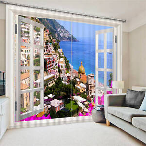 Beach City Out of Window Seaview 3D Blockout Photo Printing Curtain Draps Fabric
