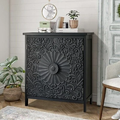 Vintage Buffet Sideboard Storage 2-Door Black Flower Carving Distressed Storage - Image 1 of 4