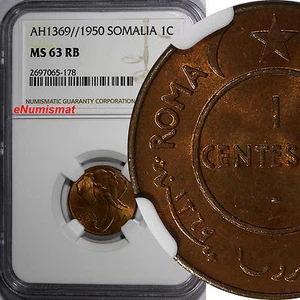 Somalia Copper AH1369   1950 1 Centesimo NGC MS63 RB African Elephant KM# 1 (8) - Picture 1 of 4