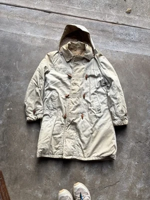 Vtg 50s 60s Duffle Parka Conmar Zip Beige Cotton Hooded Quilted Lined Medium - Image 1 of 4