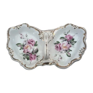 Vintage Hand Painted Nappy / Candy Dish / Trinket Dish - Roses Gold Trim Handled - Picture 1 of 7