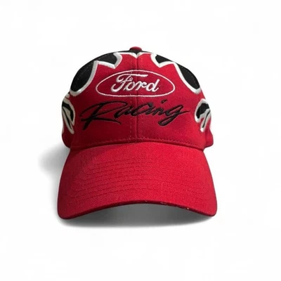 Vintage 90s NASCAR Ford racing Black And Red SnapBack Hat With Flames - Image 1 of 4