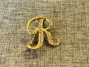 Vintage Brosche Anstecknadel goldfarben Buchstabe "R" mit Strass - Initialen Monogramm - Bild 1 von 3
