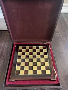 Manopoulos Chess Board Set W/Pieces & Case Small 8x8 Burgundy & Gold Enamel READ - Picture 1 of 9