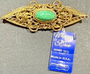 WHITING & DAVIS NOS VINTAGE Gold Tone Spotted Green Cabochon Romantic Brooch - Picture 1 of 5