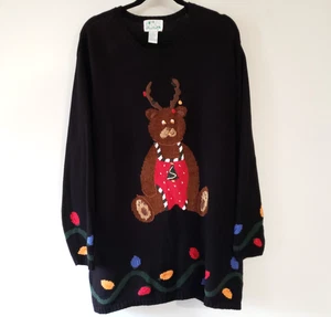 Vintage Quacker Factory Christmas Sweater Reindeer Bear Size 1x Double Sided - Picture 1 of 12