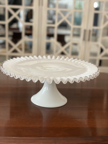 フェントン　ケーキスタンド　シルバークレスト　ミルクガラス　ペデスタル Fenton White Milk Glass Silver Crest Pedestal Cake Stand Plate