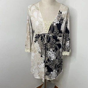 Soma Lounge Babydoll Dress XL Black Tan White Floral Crochet Detail Bell Sleeve - Picture 1 of 9