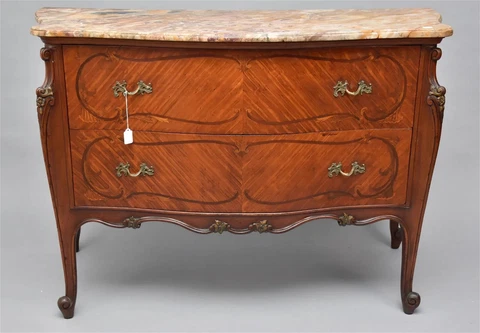 Antique French Chest 2 Drawer Serpentine with Marble Top Cover