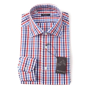 NWT $395 SARTORIO NAPOLI Red and Blue Multi Check Cotton Dress Shirt 15.5 x 35 - Picture 1 of 4