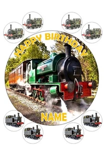 STEAM TRAIN CAKE TOPPER ROUND EDIBLE ICING FROSTING 7.5"+ 8 CUPCAKE TOPPERS - Picture 1 of 1