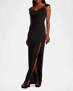 Sho Tadashi Shoji Black Embellished Shoulder Ruched Body-Con Gown Size 12 $358 - Picture 1 of 3