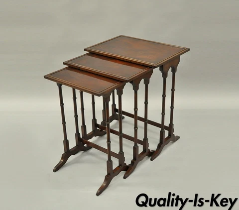 Set of 3 Nesting End Side Tables Mahogany Wood Faux Bamboo Georgian Style vtg Cover