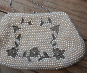 Vintage 50s Evening Bag Off-White Pearl Glass Bead Evening Bag Bridal Wedding - Picture 1 of 8