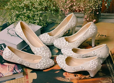 Lace white ivory crystal Wedding shoes Bridal flats low high heel pump size 5-12 - Image 1 of 4