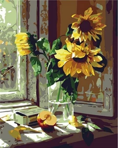 Pintura por números para adultos - 16x20 pulgadas (sin marco), girasol junto a ventana - Imagen 1 de 9