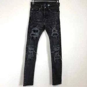 H&M Men’s Ripped Pleated Slim fit Patch Stretch Distressed Black Denim Jeans - Picture 1 of 16