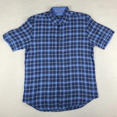 BUGATCHI Shirt Mens Large Blue Plaid Shaped Fit Casual Hawaiian Linen Button Up - Image 1 of 4