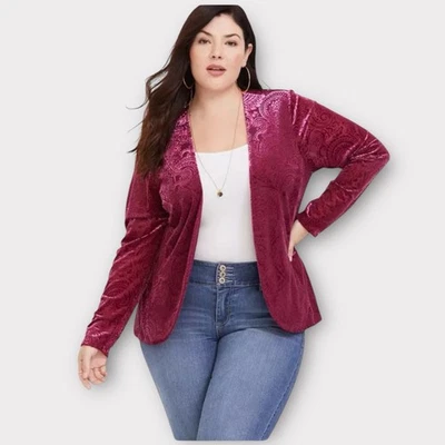 Blazer Torrid Terciopelo Burn Out Frente Abierto Terciopelo Para Mujer Talla Grande 2X Arándano Foto 1 de 4