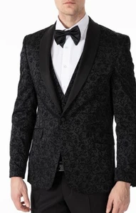 Jack Martin - Black Floral Printed Velvet Dinner Jacket / Tuxedo Size-Large - Picture 1 of 7