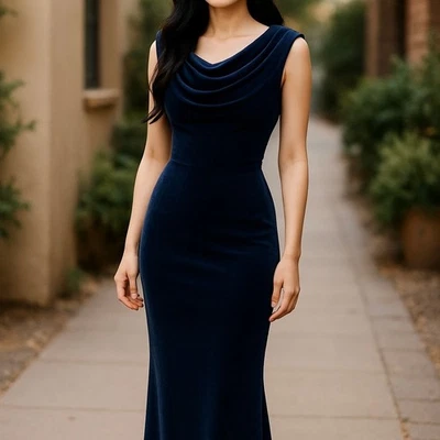 Alex Evenings Women's Vintage Cowl Drape Neck Back Maxi Gown Size 4 Navy Blue - Image 1 of 4