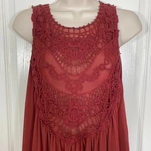 Ultra Pink Blouse L Rust Red Fairy Lace Sheer Back Romantic Festival Embroidery - Picture 1 of 14