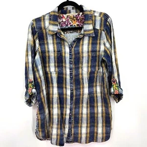 Weiche Umrandung kariert Blumen Patchwork Langarm Knopfleiste Top Bluse Gr. M - Bild 1 von 7