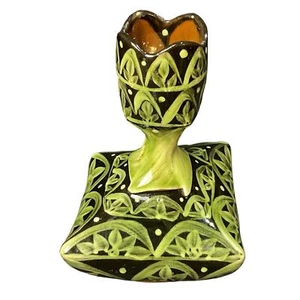 Signed Hand Painted Moroccan Style Vase/Candle Holder Green Black Terra Cotta - Picture 1 of 7