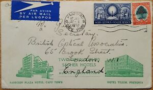 South Africa 1950 BARBIZON PLAZA/TILSIM HOTELS PRETORIA/CAPE TOWN airmail cover