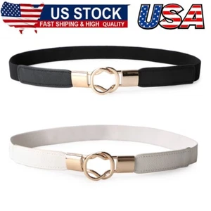 2Pcs Women Retro Elastic Stretchy Metal Buckle Skinny Waist Belt 1 inch Wide - Picture 1 of 7