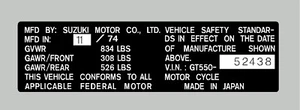 SUZUKI GT550  1975  HEADTUBE TAG  / REPRO DECAL - Foto 1 di 1