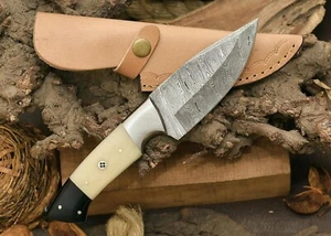 Handmade Damascus Camel Bone Hunting Knife,Fixed Blade with Leather Belt Sheath - Picture 1 of 9