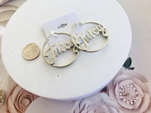 2015’s Antique Juicy Couture Silver Tone Crystals Logo Iconic Hoop Earrings - Picture 1 of 4