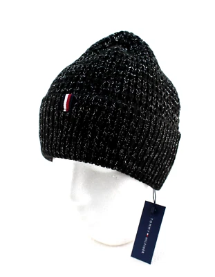 Nuevo gorro TOMMY HILFIGER tejido negro/plateado con logotipo TH puño adulto precio de venta sugerido por el fabricante $45 Foto 1 de 4