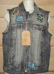 CHALECO HOMBRE ECKO UNLTD PARCHES BORDADOS DESGASTADO DENIM CARBÓN TALLA S - Imagen 1 de 3