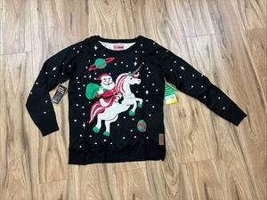 NEW TIPSY ELVES Women's Size Small SANTA UNICORN UGLY CHRISTMAS SWEATER Black - Picture 1 of 8