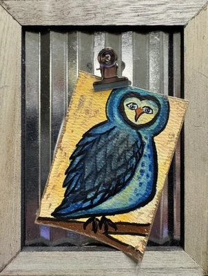 Original ACEO Watercolor Owl Art – Blue Bird Miniature Painting 2.5x3.5” Signed - Image 1 of 2