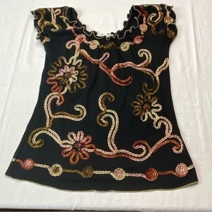 Boho Chic Top bestickt Blumen Swirl schwarz Gr. M - Bild 1 von 5