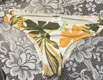 Roupa de banho Roxy calcinha de biquíni tamanho grande L branco tropical nova com etiquetas amarelo laranja verde - Imagem 1 de 4