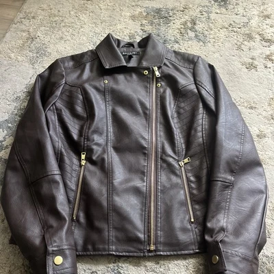 Baccini Sz L Biker Moto Jacket Expresso Brown Faux Leather Vegan Zipper Fitted - Image 1 of 4