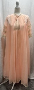 Vintage 50s Flair Lingerie Peignoir Set Peach Chiffon Lace Nightgown Robe SZ SM - Picture 1 of 23