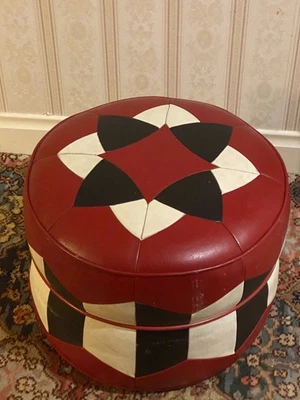 MID CENTURY LEATHER POUFFE OR FOOTSTOOL - Image 1 of 4