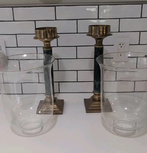2 Vtg MCM "DECORATIVE CRAFTS INC." Candle Sticks hand crafted Brass/faux marble - Picture 1 of 6