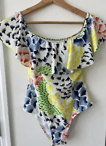 CUPSHE Size S NEW One Piece Swim Bathing Suit W/Flounce Neckline White + Multi - Picture 1 of 5