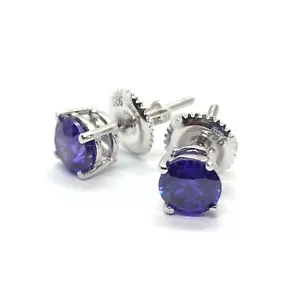 2.10Ct Simulated Tanzanite Stud Earrings 14K White Gold Plated Screw Back 6MM - Picture 1 of 17