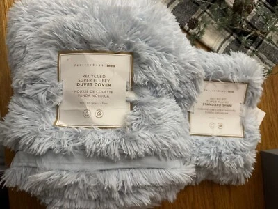 Pottery Barn Teen Recycled Super Fluffy Faux Fur Duvet Cover Blue Twin & Sham - Image 1 of 4