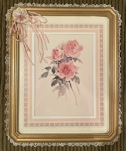 VTG Homco 15.5x12 Matted Gold Frame Rose Print Embellished Lace Ribbon Pearl EUC - Picture 1 of 6