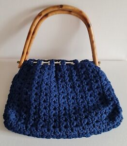 Vintage Blue Cord Crochet Bag Wooden Handles